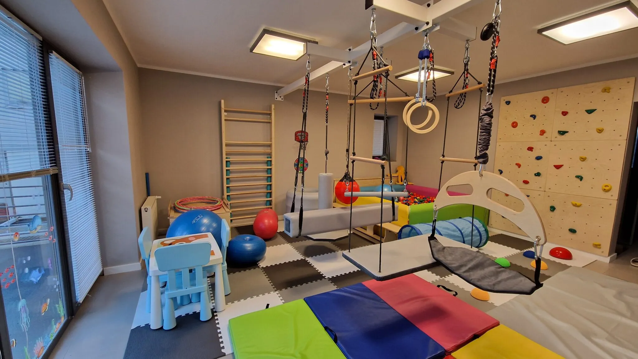 Sala integracji sensorycznej: drabinki, kółka gimnastyczne, huśtawki podwieszone pod sufitem i ścianka wspinaczkowa
