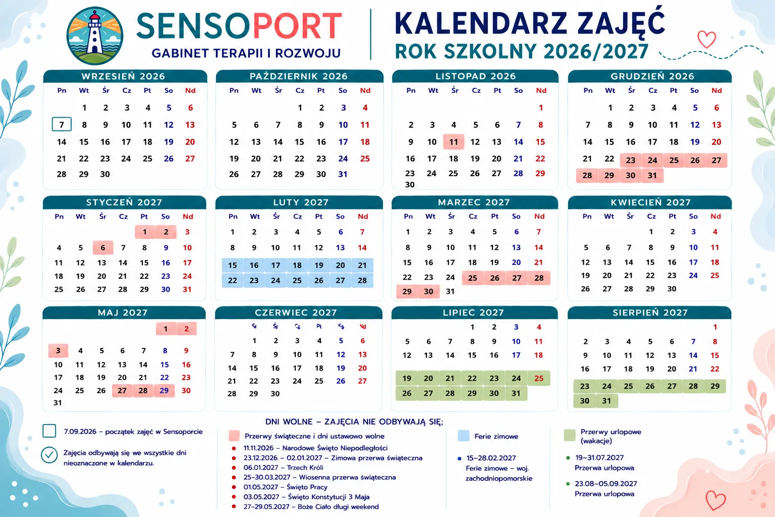 Kalendarz zajęć SensoPortu na rok szkolny 2026/2027: miesiące od września 2026 do sierpnia 2027 z zaznaczonymi dniami wolnymi, feriami i przerwami urlopowymi. Pełna lista dat w wersji tekstowej pod obrazem.